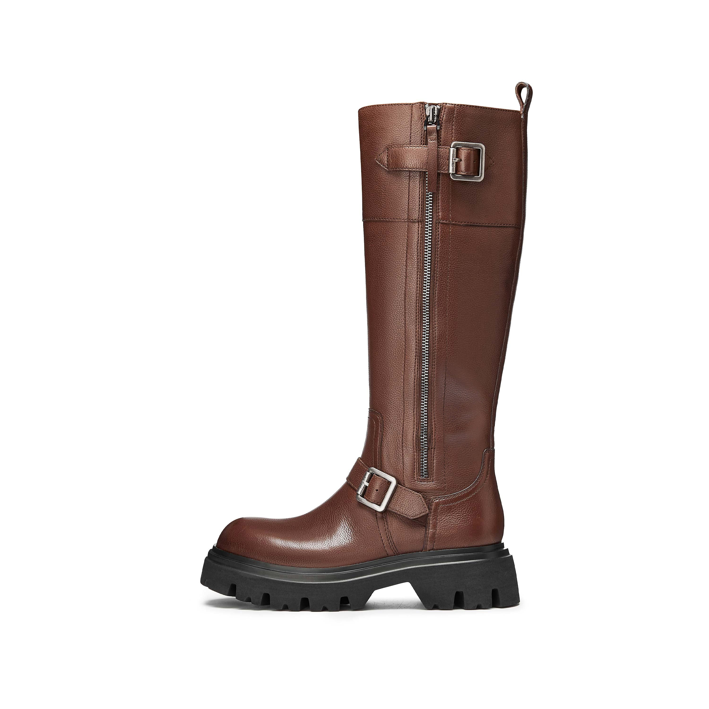 Brown Buckles Leather Under Knee Riding Boots