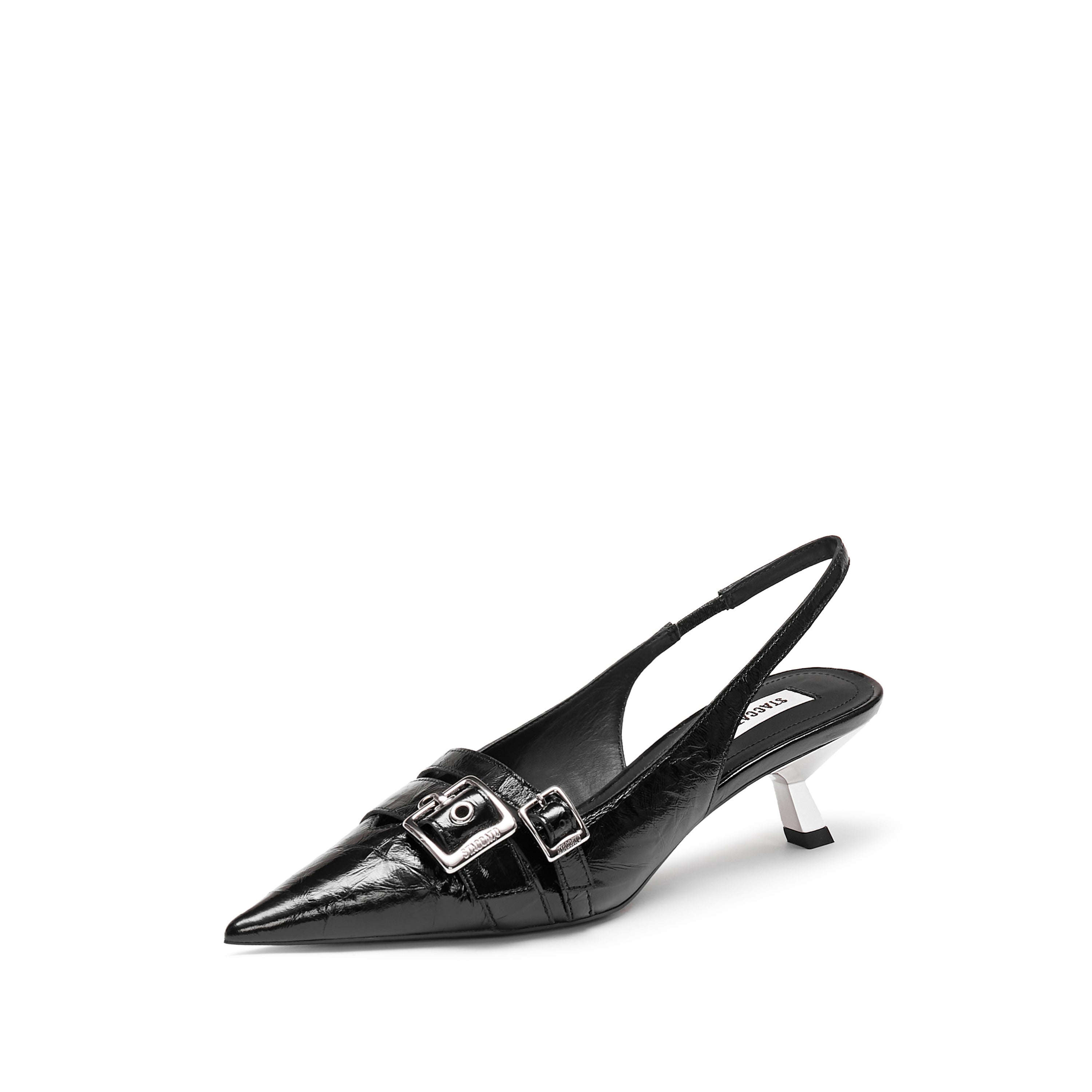 Black Pleated Leather Strap Slingback Pumps