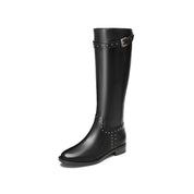 Black Leather Studs Strap High Knee Riding Boots
