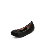 Load image into Gallery viewer, Black ST Buckle Suede-Toe Cap Ballerina Flats
