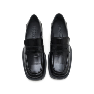 Black Vintage Embossed Leather Penny Loafers