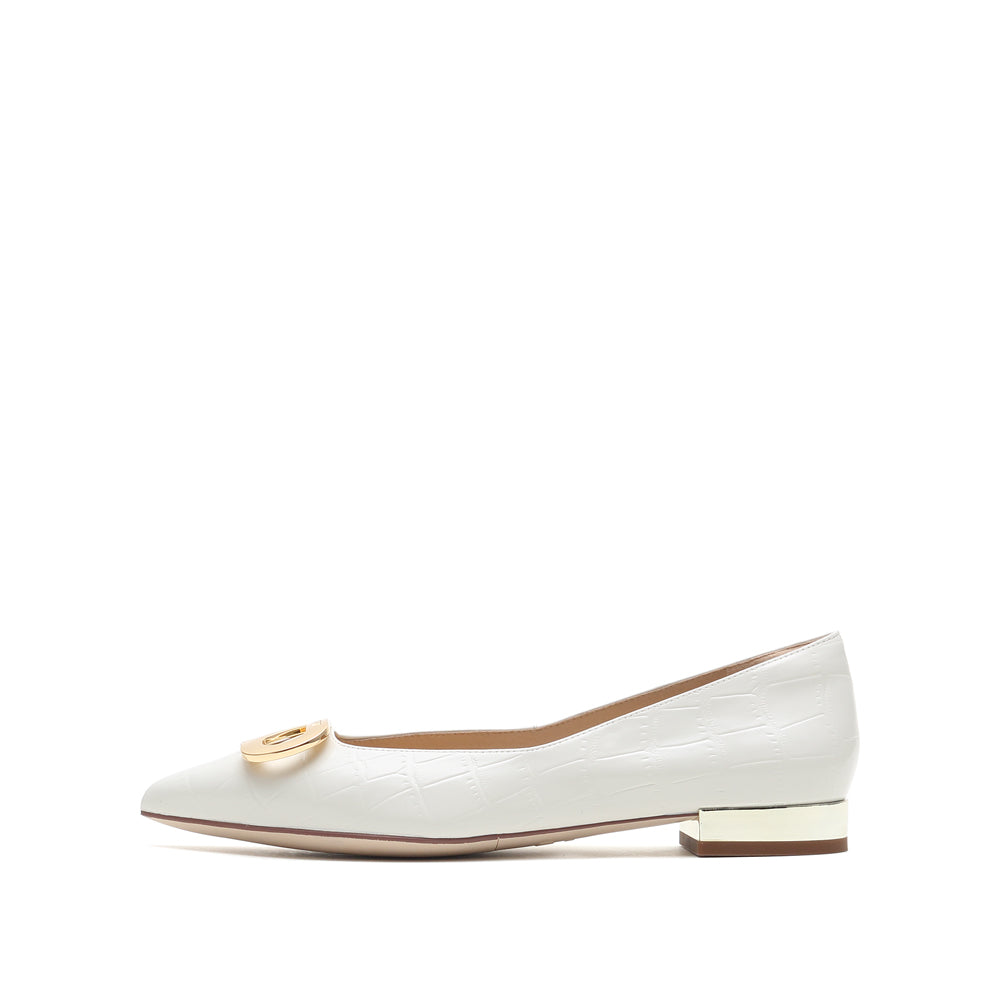 Beige S Logo Embossed Pointy Flats