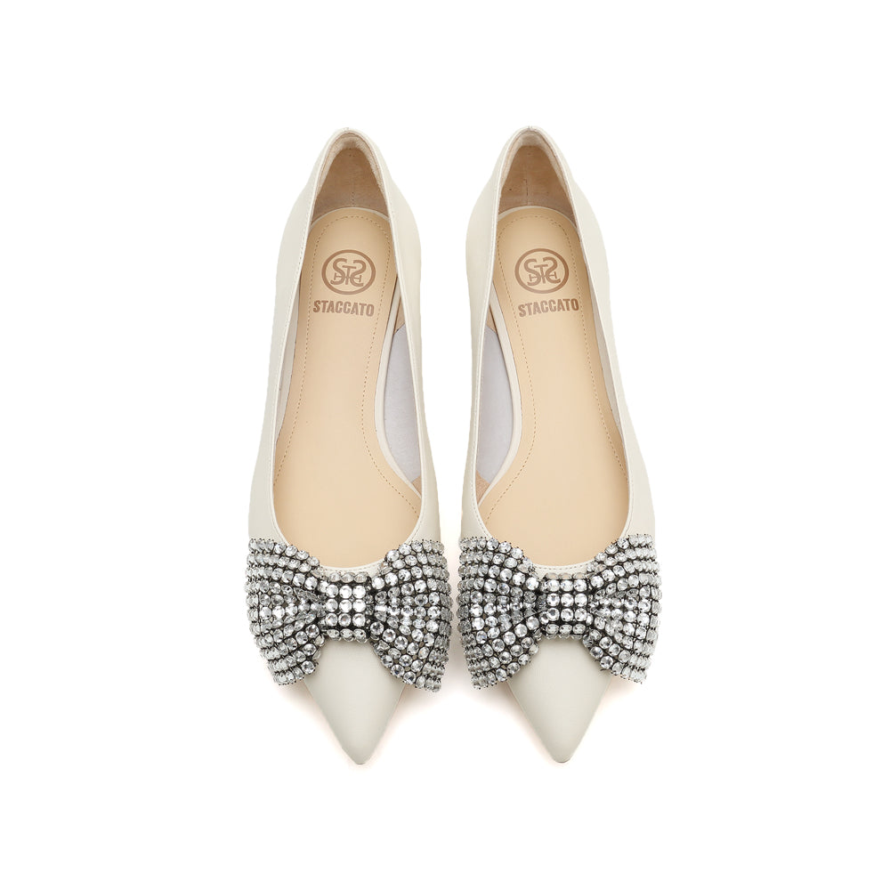Beige Crystal-Embellished Bow Pointy Flats