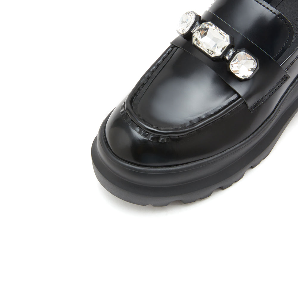 Black Leather Platform Crystal Loafers