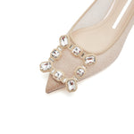 Load image into Gallery viewer, Taupe Crystal Buckle Mesh Kitten Pumps
