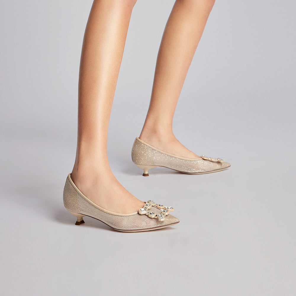 Taupe Crystal Buckle Mesh Kitten Pumps