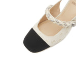 Load image into Gallery viewer, Crystal Toe Cap Linen Heeled Mary Jane
