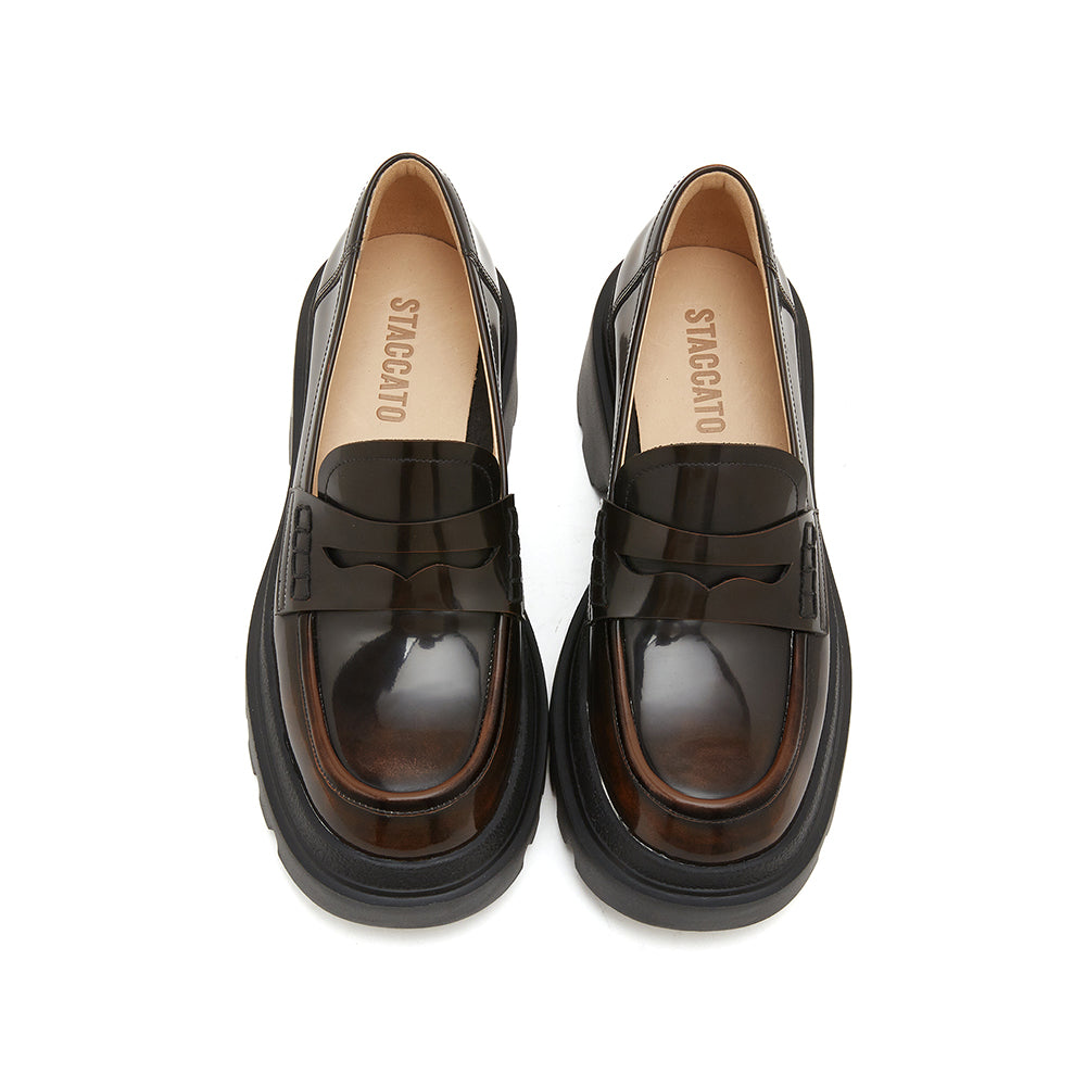 Brown Leather Platform Chunky Penny Loafers