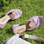 Load image into Gallery viewer, Purple Leather Puffy Heeled Sandals
