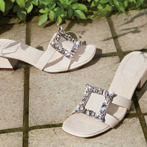 Beige Crystal Buckle Cut Out Heeled Sandals