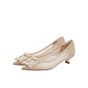 Taupe Crystal Buckle Mesh Kitten Pumps