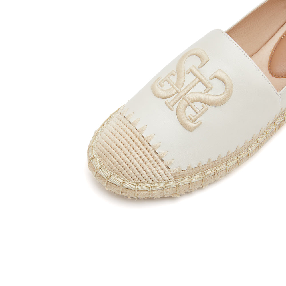 Beige ST Embroidery Leather Espadrilles