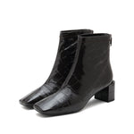 Load image into Gallery viewer, Brown Embossed Square Toe Block Heel Zip-Up Ankle Boots

