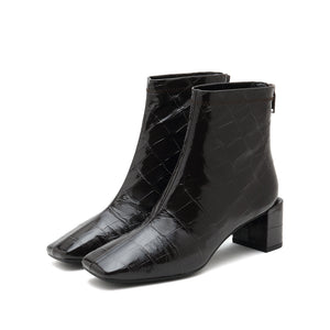 Brown Embossed Square Toe Block Heel Zip-Up Ankle Boots