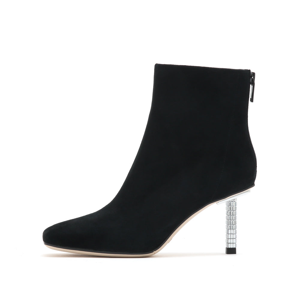 Black Suede Crystal Heeled Ankle Boots