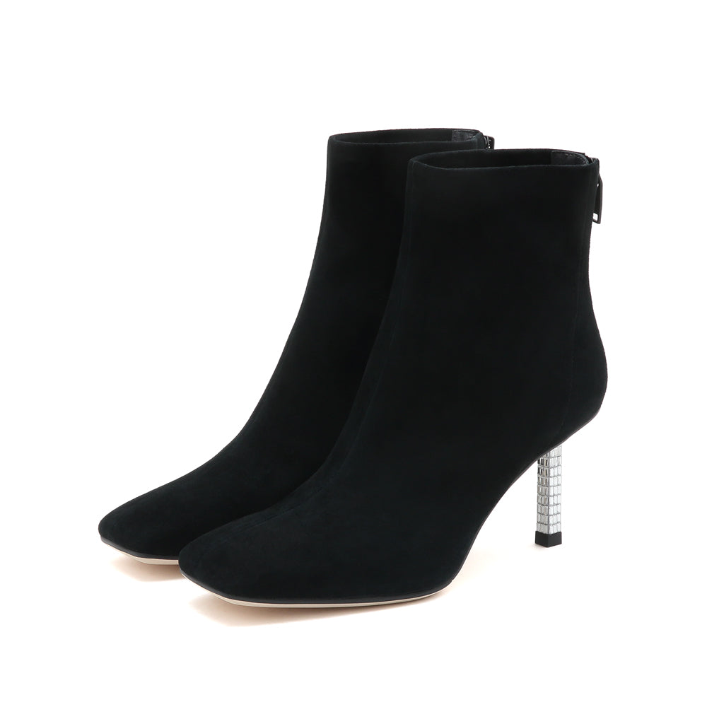 Black Suede Crystal Heeled Ankle Boots