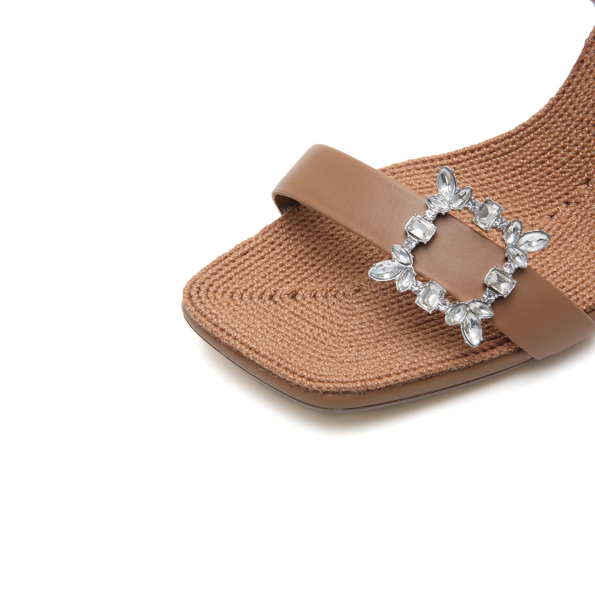 Brown Crystal Buckle Cross Strap Heel Sandals