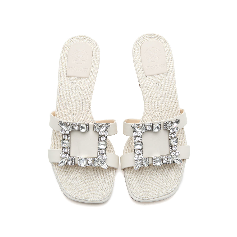 Beige Crystal Buckle Cut Out Heeled Sandals