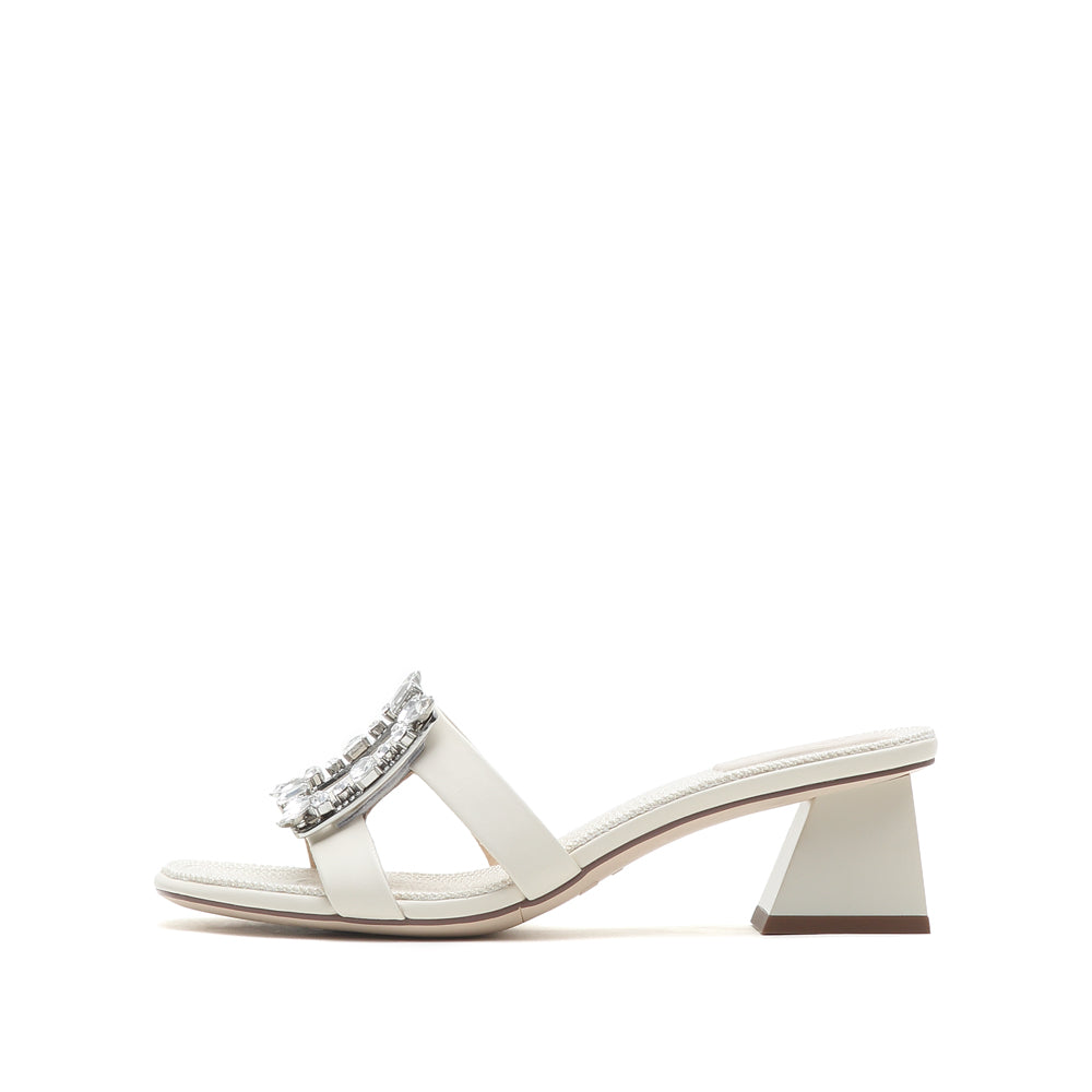 Beige Crystal Buckle Cut Out Heeled Sandals
