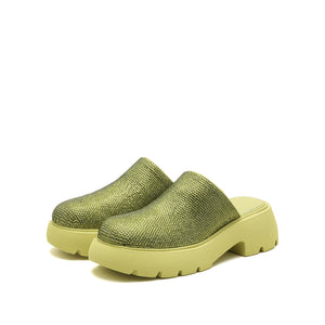 Yellow Crystal Chunky Round Toe Mules