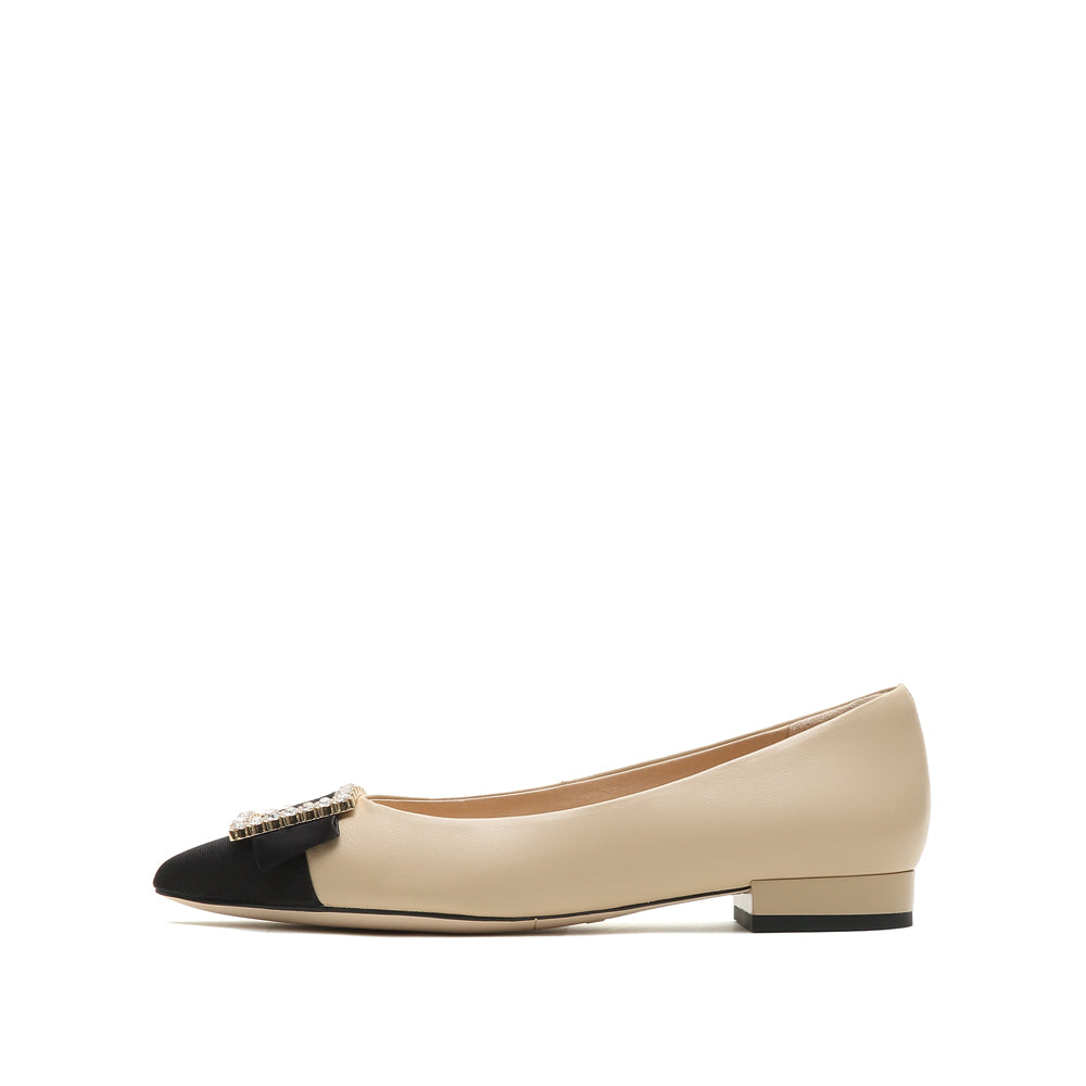 Taupe Crystal Buckle Leather Pointy Flats