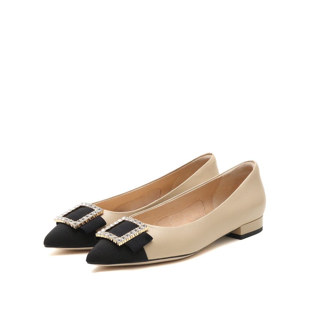 Taupe Crystal Buckle Leather Pointy Flats