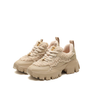 Khaki Fluffy Plush Chunky Sneakers