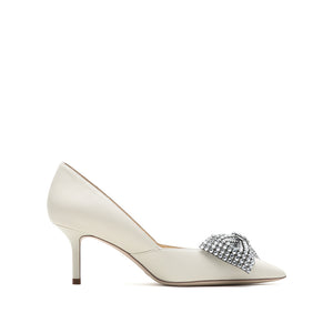 Beige Crystal Bow Leather Pumps