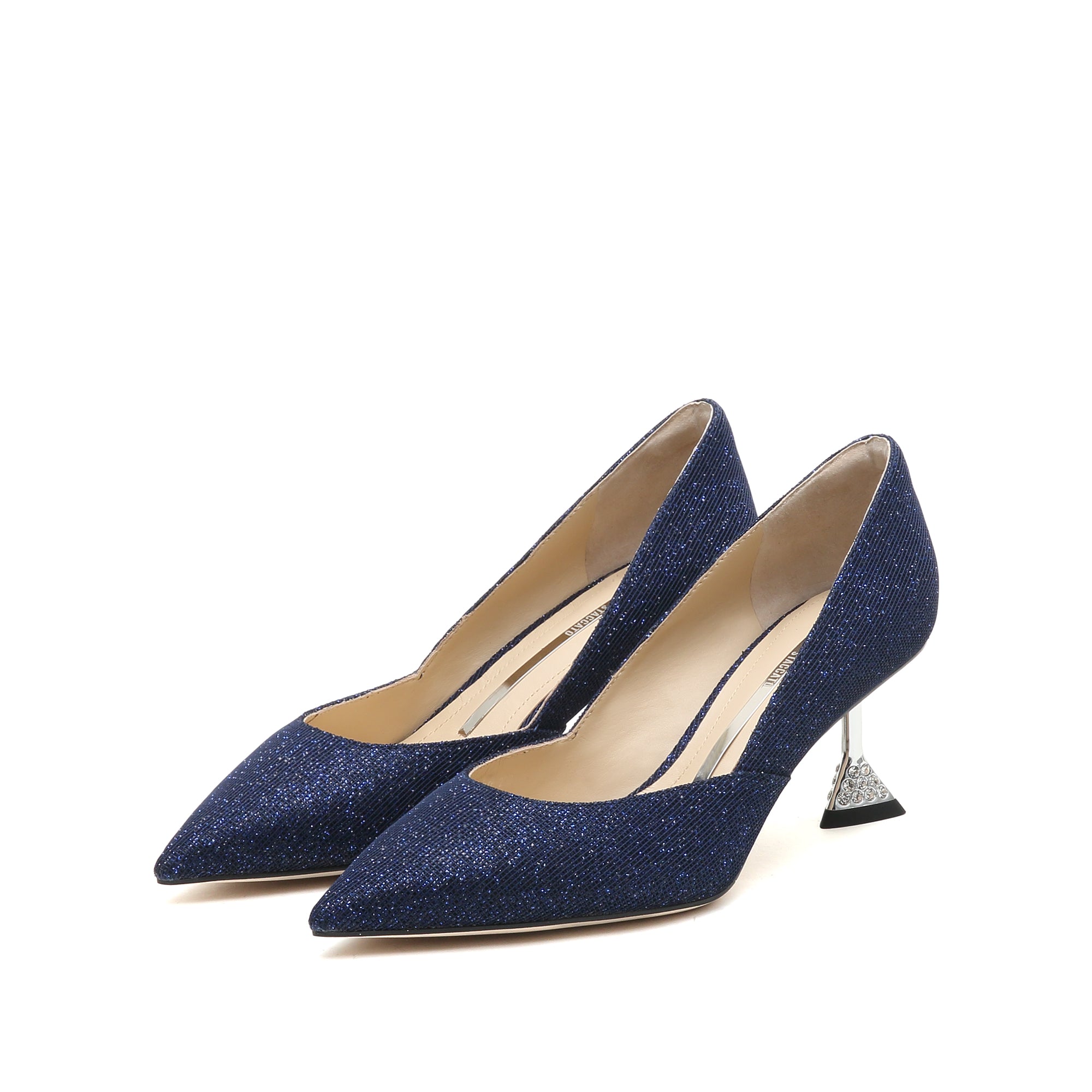 Blue Glitter Pointed Crystal Heeled Pumps