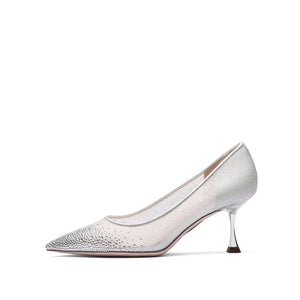 Silvery Crystal-embellished Mesh Pumps
