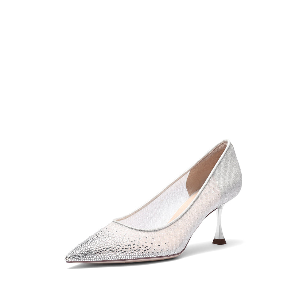 Silvery Crystal-embellished Mesh Pumps