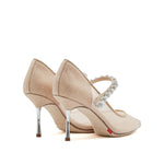 Load image into Gallery viewer, Taupe Crystal-embellished Strap Mesh Pumps
