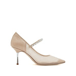 Load image into Gallery viewer, Taupe Crystal-embellished Strap Mesh Pumps
