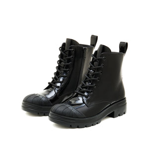 Black Rubber Toe Cap Lace Up Boots