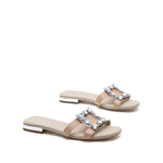 Load image into Gallery viewer, Taupe Crystal Buckle Slide Sandals
