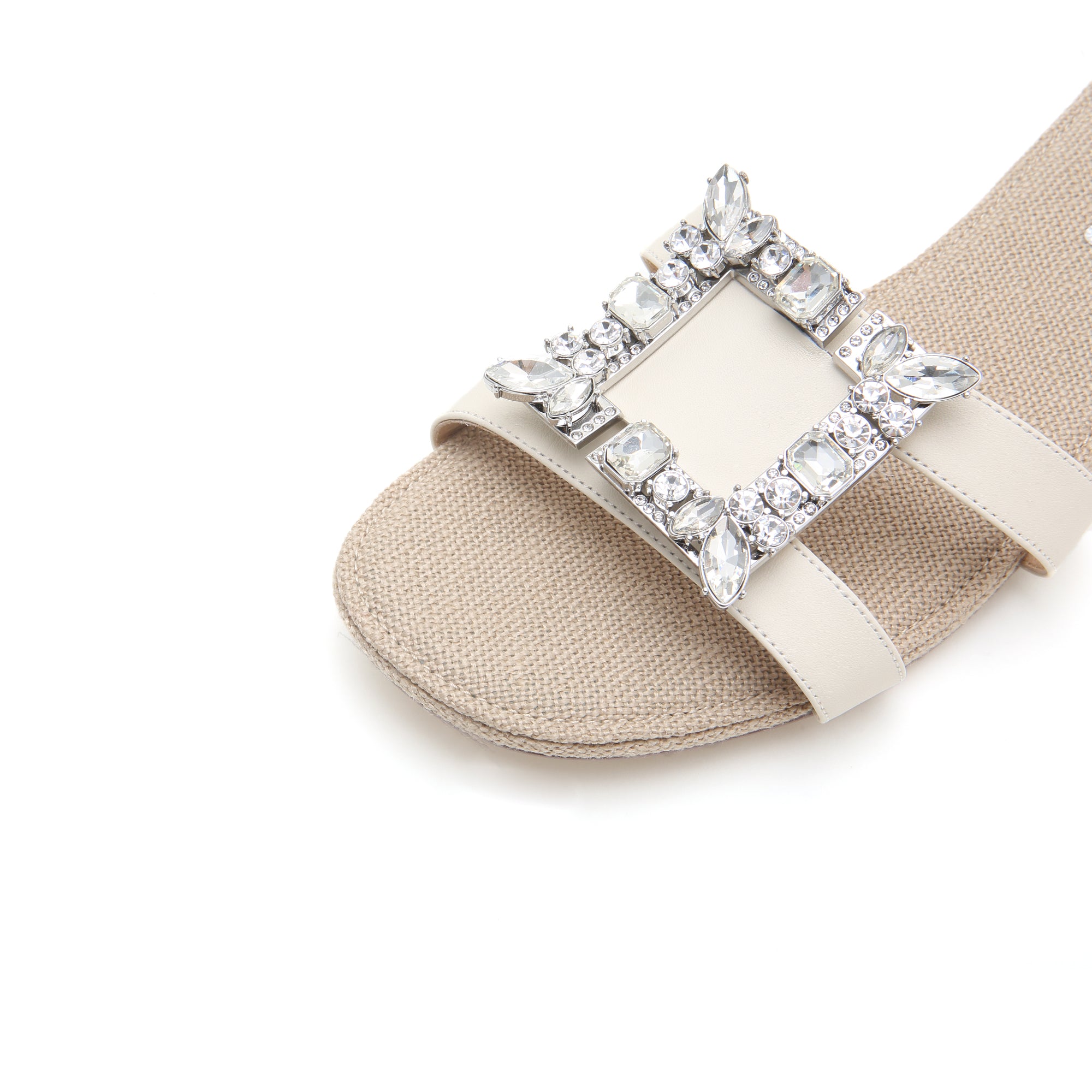 Beige Crystal Buckle Slide Sandals