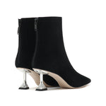 Load image into Gallery viewer, Black Suede Pointed Toe Crystal Heeled Boots
