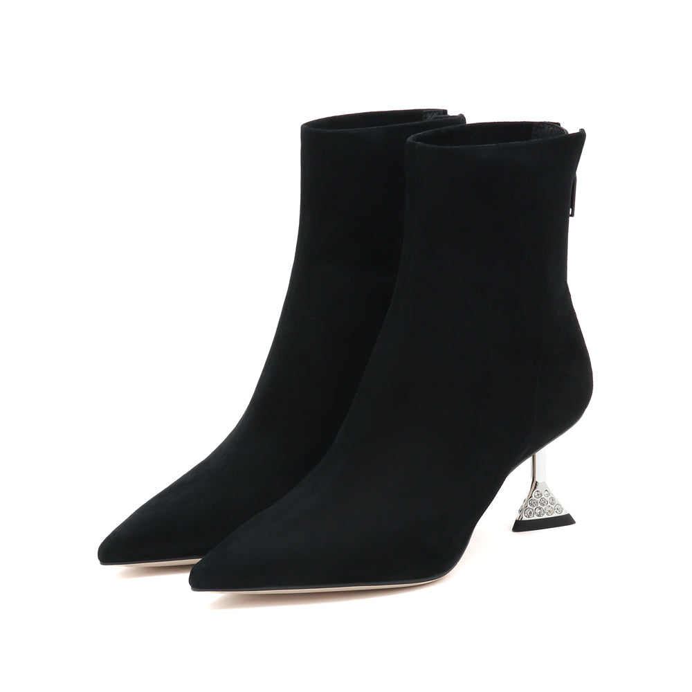 Black Suede Pointed Toe Crystal Heeled Boots