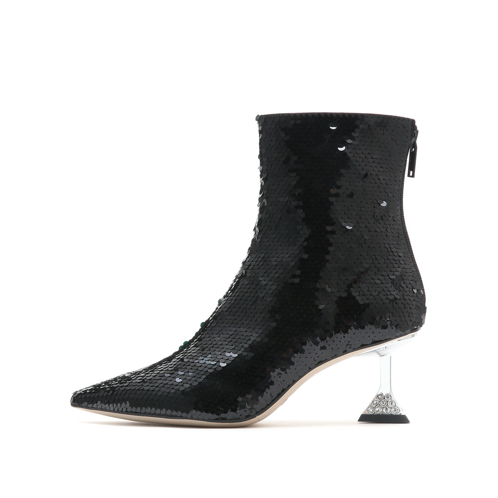 Black Sequins Pointed Toe Crystal Heeled Boots