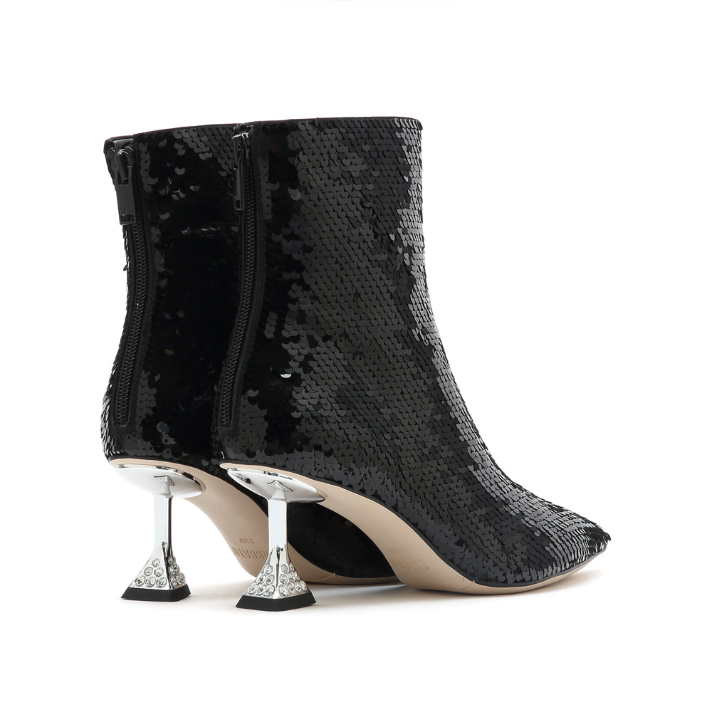 Black Sequins Pointed Toe Crystal Heeled Boots