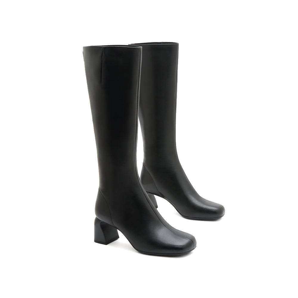 Black Leather Square Toe Heeled Long Boots