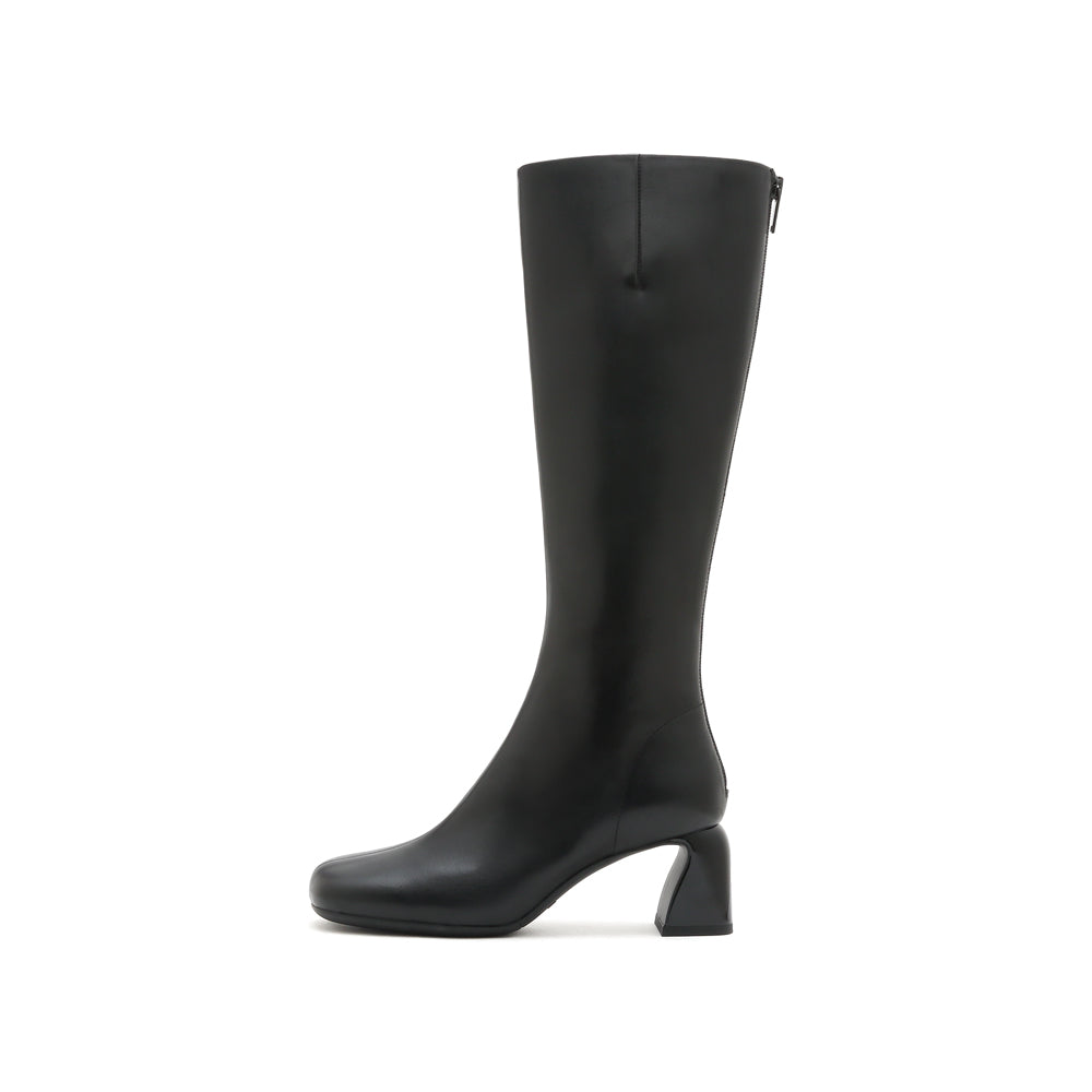Black Leather Square Toe Heeled Long Boots