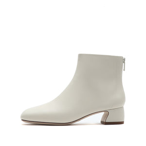 Beige Leather Square Toe Mid Heeled Boots