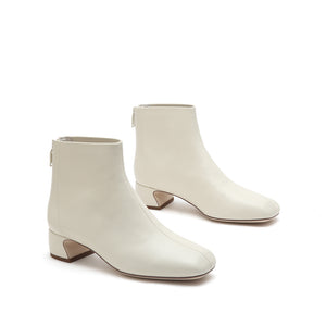 Beige Leather Square Toe Mid Heeled Boots