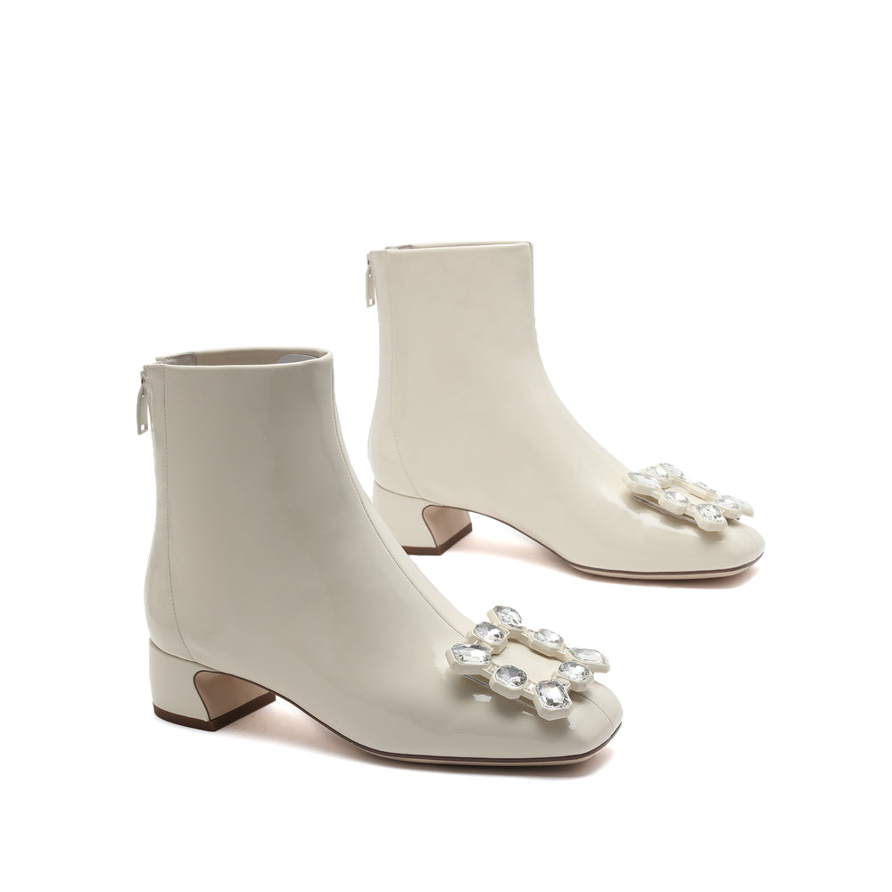 Beige Square Crystal-Buckle Ankle Boots