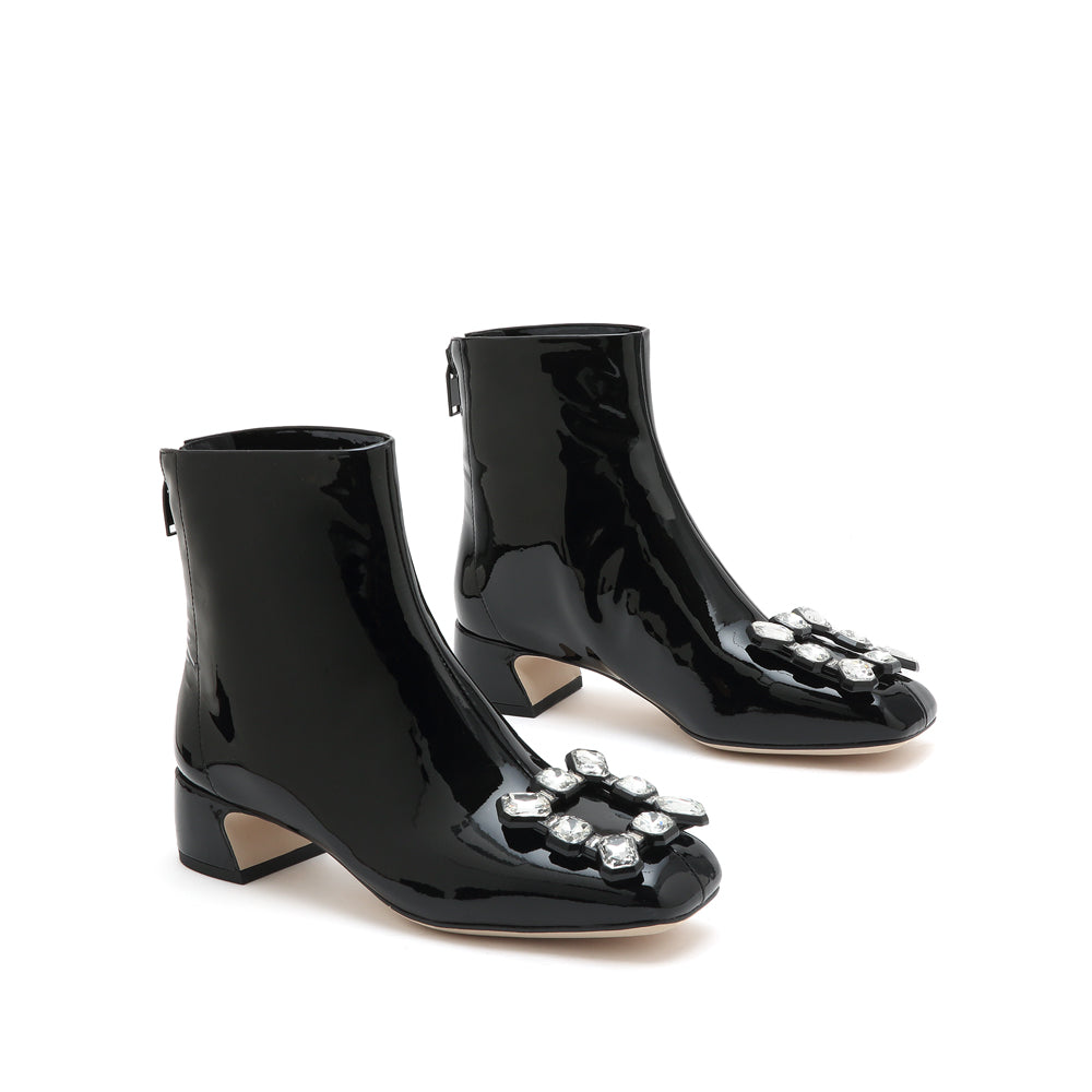 Black Square Crystal-Buckle Ankle Boots
