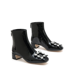 Black Square Crystal-Buckle Ankle Boots