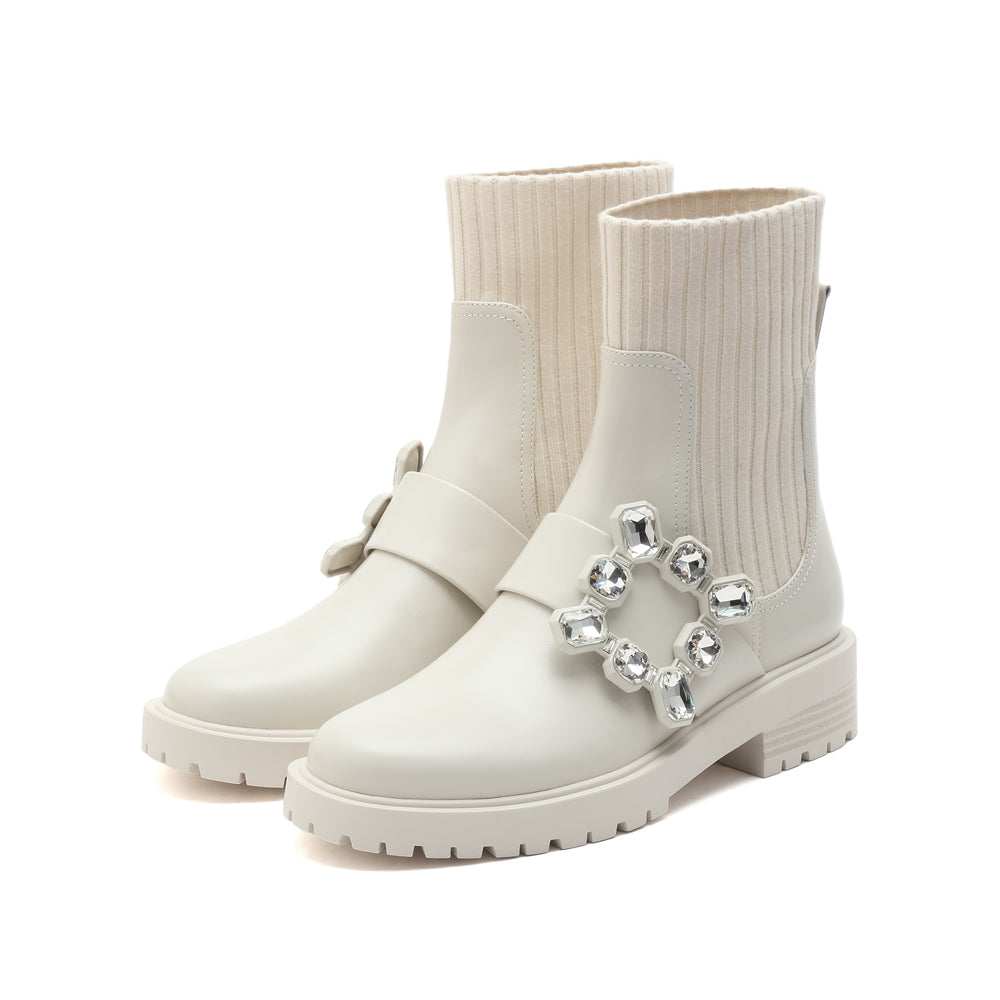 Beige Square Crystal-Buckle Sock Boots