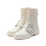 Load image into Gallery viewer, Beige Square Crystal-Buckle Sock Boots
