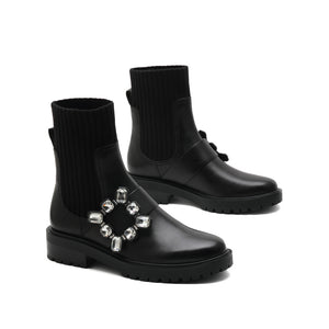 Black Square Crystal-Buckle Sock Boots